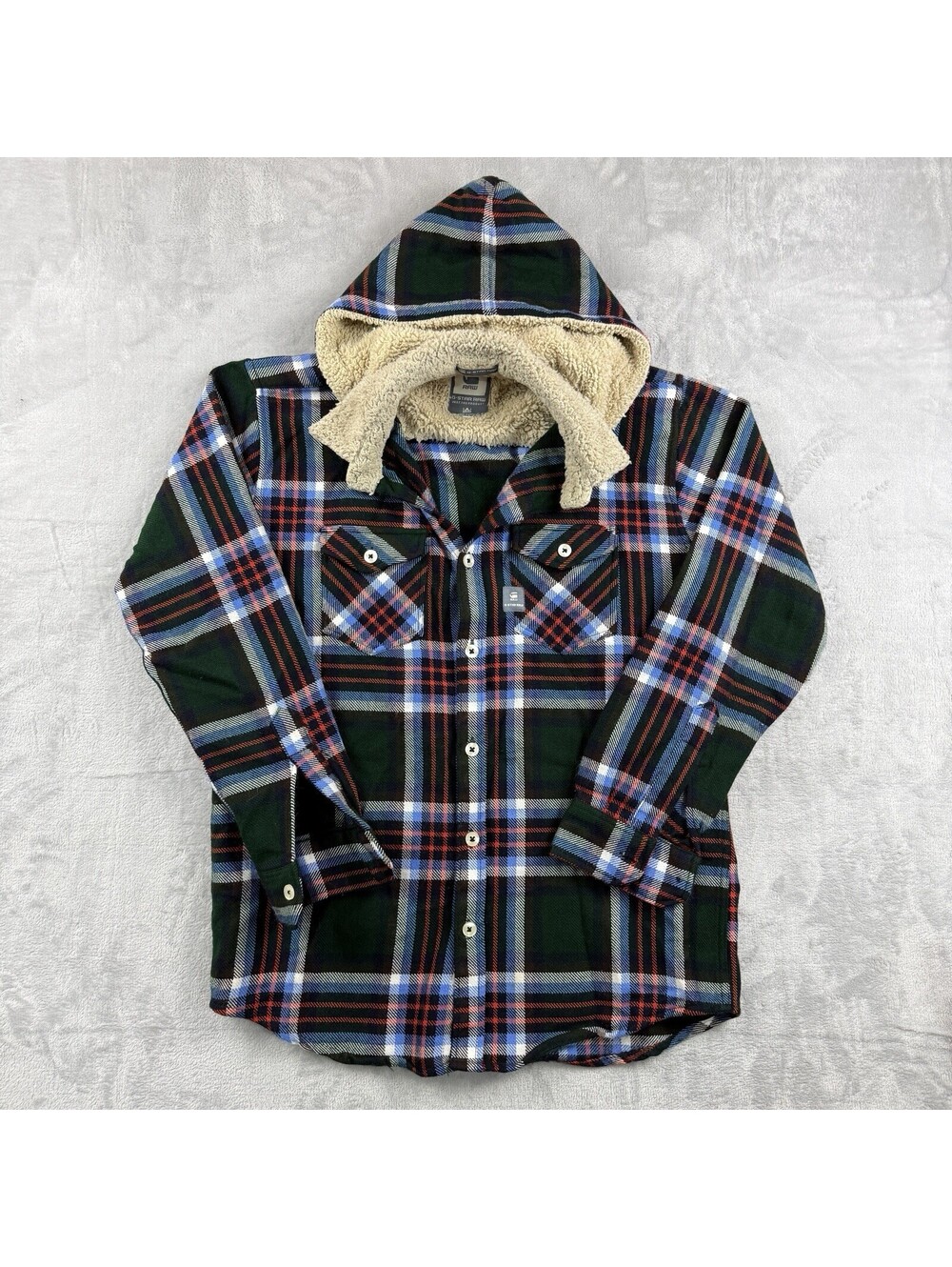 G-Star RAW Plaid Sherpa Lined Hooded Flannel Shirt Jacket Green Blue Red Men XL